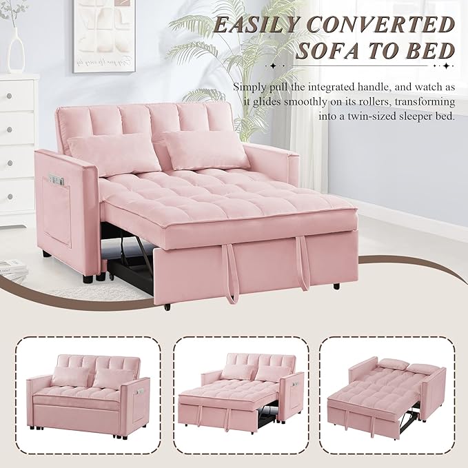3 in 1 Convertible Sleeper Sofa Bed Futon Couches for Living Room with Side Pocket/Adjustable Backrest Velvet Upholstered Pull Out Couch Small Loveseat Sofa Bed for Bedroom Office Small Spaces