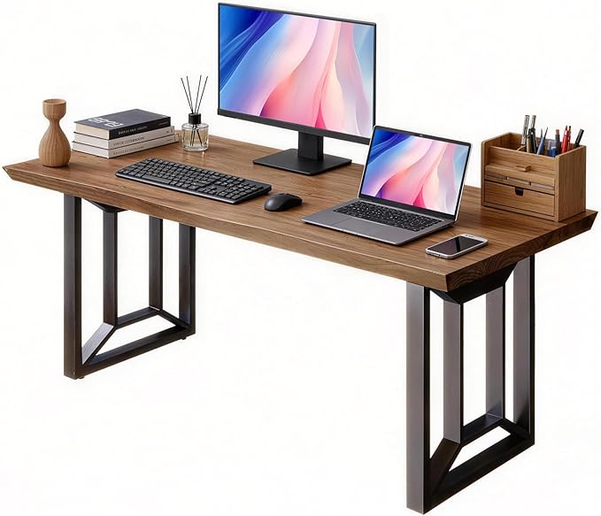 Solid Wood Rustic Style 55.1-inch Computer Desk - Large Office Desk for Home Office Modern and Simple Design Ideal for DiningStudy Writing (Black-q 55.12 * 27.56 * 29.53)