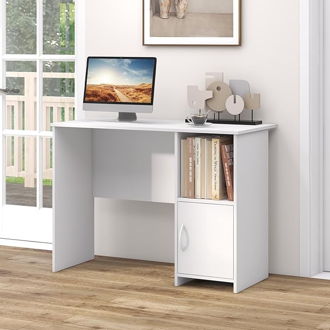 GOFLAME Modern Computer Desk with Cabinet Writing Study Desk with Cable Holes &amp Open Shelf Laptop PC Desk with Storage Compact Computer Workstation for Home Office White