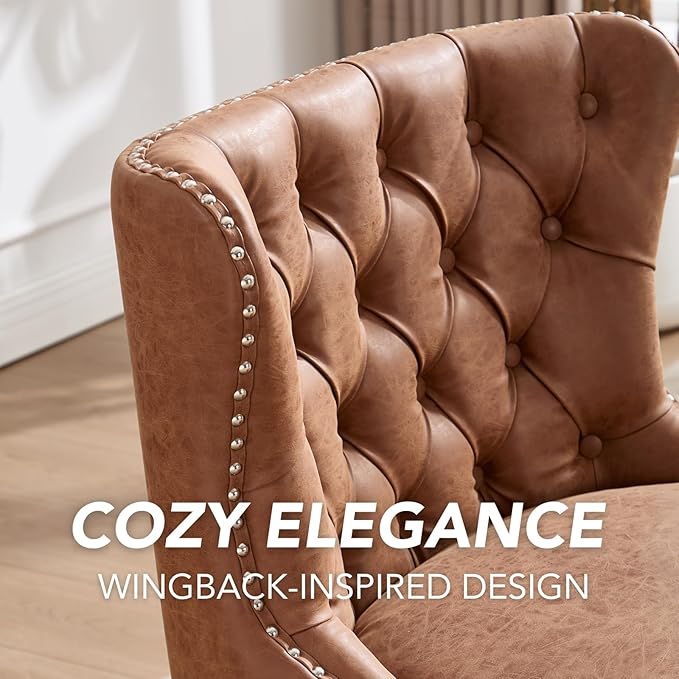 chairus Tufted Slipper Accent Chairs Set of 2 Faux Leather Upholstered Armless Living Room Chairs with Nailhead Trim Mid-Century Modern Wingback Side Chairs for Bedroom Office Brown PU