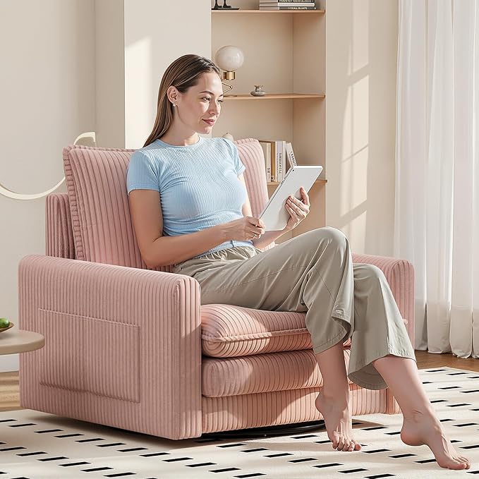 Cozy Swivel Accent Chair Modern Oversized Single Sofa with Armrest Comfy Upholstered Armchair Sofa Large Corduroy Accent Chair for Living Room Bedroom Reading Room Pink