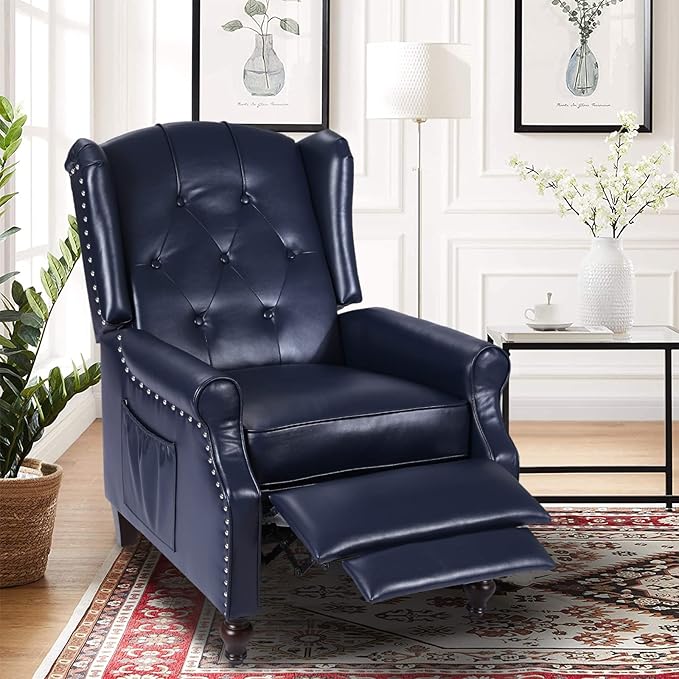 Wingback Recliner Chair with Massage and Heat PU Leather Push Back Arm Chair for Living Room Wingback Recliner with Remote Control Padded Cushion Backrest Wooden Legs