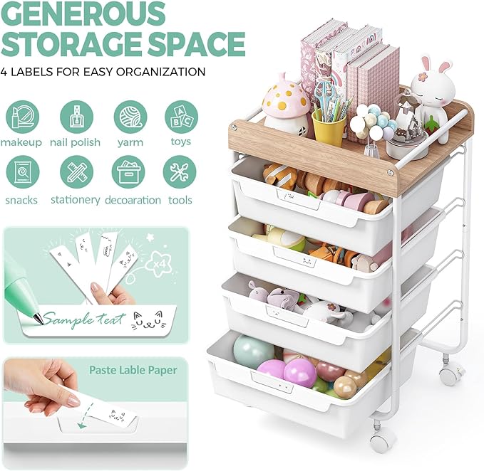 Rolling Storage Utility Cart with 4 DrawersKids Craft Art CartMakeup Organizer and Storage with Wooden TabletopWhite