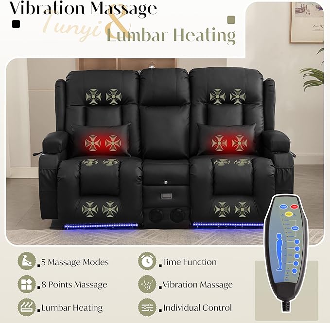 TUNYI Power Loveseat Recliner Sofa Faux Leather Reclining Sofa with Console RV Reclining Loveseat Couch with USB/Outlet/Storage/Side Pocket/LED Light/Speaker (Black Loveseat)