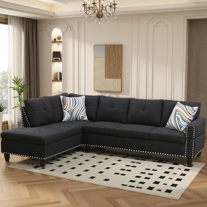 FONTOI L Shaped Sectional Couch Sofa 4-Seat Modern Sectional Sofa with Cup Holders &amp Nail-Head Trim – PU Leather L-Shaped Couch for Living Room Bedroom Apartment Black B