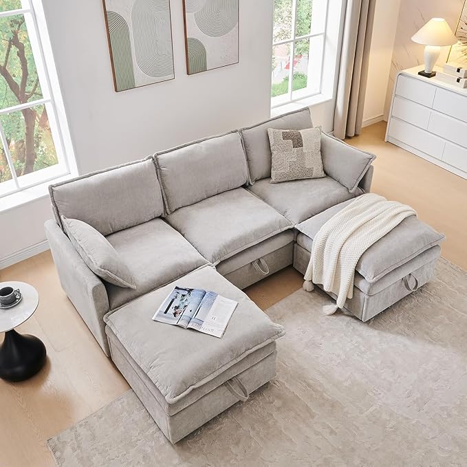 88.98 Cloud Couch Sectional with Storage Ottoman Sectional Couches for Living Room U-Shape Modular Sectional Sofa with 5 Seater Chenille Sofa and Pillow for Apartment BedroomLight Grey