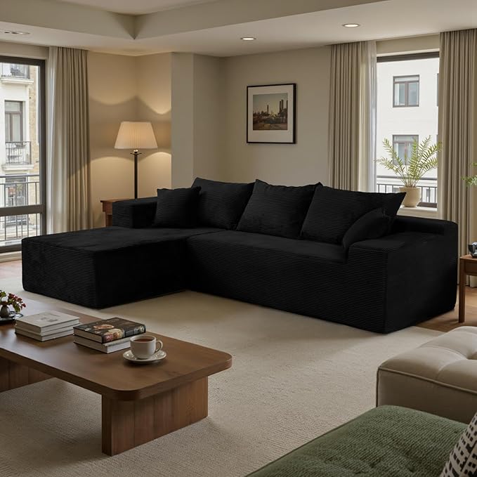 Black Sectional Couches for Living Room Boneless Couch with L-Shape Chaise Modular Sofa in Box with Deep Seat No Assembly Required