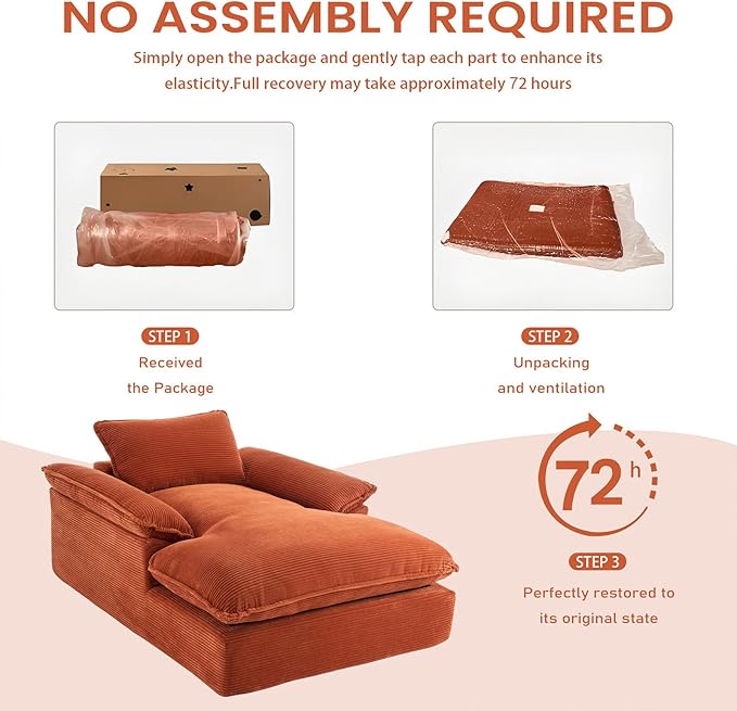 GNIXUU 67 Oversized Chaise Lounge Chair Indoor Corduroy Upholstered Boneless Sleeper Sofa Bed Comfy Large Reading Chair with Wide Armrests Plush Cloud Couch for Living Room Bedroom Orange | easy