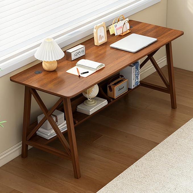 Extra Long Desk with Bookshelf - Wooden Home Office Work Study Table Writing Computer Workstation with Storage Shelf in Walnut 55 Wx20 Dx30 H