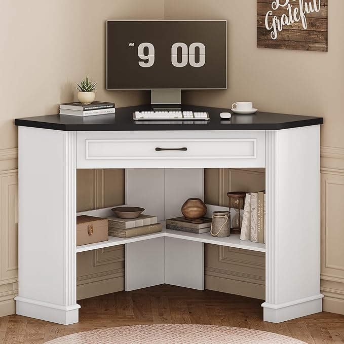 SEDETA 31.5 White Corner Desk Small Corner Desk for Small Space Farmhouse Triangle Computer Desk with Drawer and Storage for Home Office Living Room Bedroom Vanity Desk
