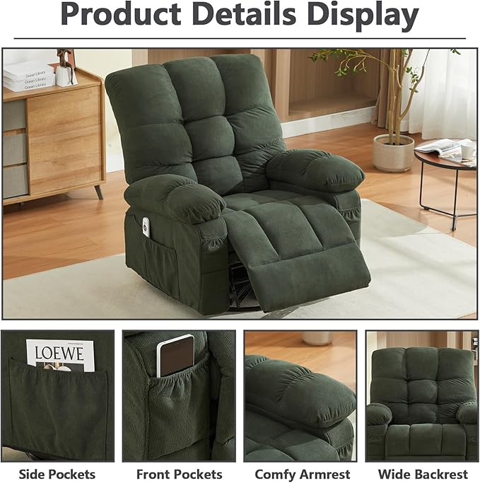 Massage Recliner Chair with Vibration Massage and Heat Recliner for Living Room with USB Charge Port and Side Pocket Recliner Chair for Adults (Green)
