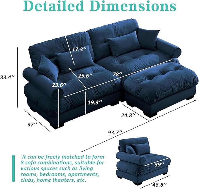 SoarFlash L Shaped Couches for Living Room Small Sectional Sofa Set with Reversible Chaise Modern Designed Sleeper Sofas and Modular Couch Function Suitable for Small Spaces in Apartment Blue