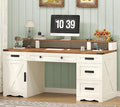 Farmhouse Executive Desk with Drawers &amp Storage Shelves 55 Computer Desk with Power Outlets Home Office Desk with Monitor Stand &amp File Drawers Writing Study Table Antique White