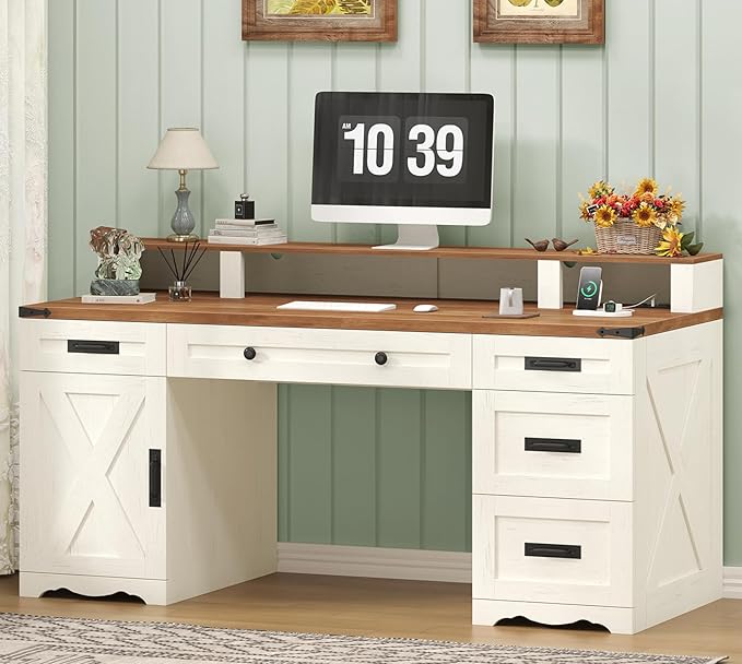 Farmhouse Executive Desk with Drawers &amp Storage Shelves 55 Computer Desk with Power Outlets Home Office Desk with Monitor Stand &amp File Drawers Writing Study Table Antique White