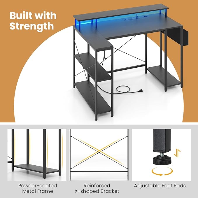 Tangkula L-Shaped Gaming Desk with LED Lights &amp Power Outlets 48 Computer Desk with Storage Shelves &amp Monitor Stand Corner Gaming Desk with Metal Frame Home Office Desk (Black)