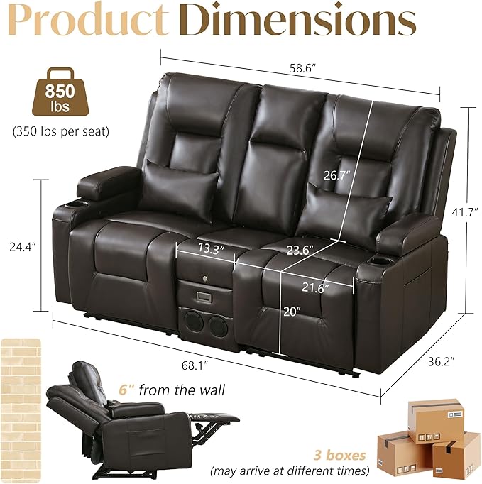Houjud Manual Reclining Loveseat Sofa with Console PU Leather Recliner Sofa RV Couch with Bluetooth Speakers USB Charging AC Outlets and Pillow for Home Theater Dark Brown