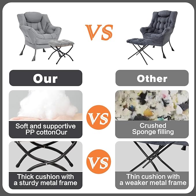 Lazy Chair with Ottoman Large Light Grey Accent Chair with Ottoman Comfy Reading Armchair Leisure Sofa Chair for Living Room Bedroom Dorm Room Office