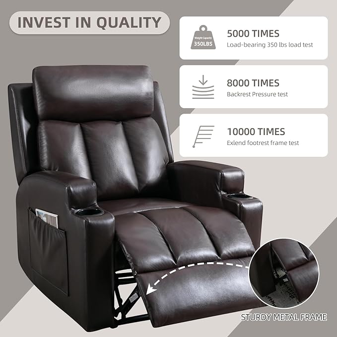 3PCS Faux Leather Manual Recliner Chair for Adults Comfy Reclining Chairs with Overstuffed Arm and Back Single Sofa for Living Room (3 Brown)