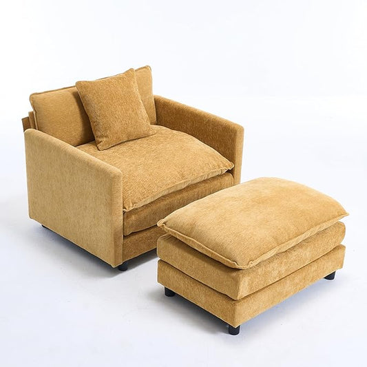 Oversized Chaise Lounge Chair Indoor Modern Comfy Chenille Cloud Accent Chair and A Half with Ottoman Single Deep Seat Sofa Couch Reading Armchair for Living Room Bedroom Apartment Mustard Yellow