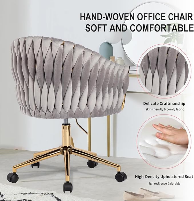 Velvet Office Chair with Hand Woven Back Vanity Desk Chairs with Golden Wheels Swivel Home Office Desk Chair Accent Makeup Desk Chair for Bedroom Living Room(Grey)