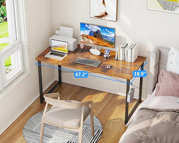 Casaottima 48 Inch Small Computer Desk for Home Office Study Writing Table for Small Spaces Simple Modern Desk with Headphone Hooks Rustic Brown