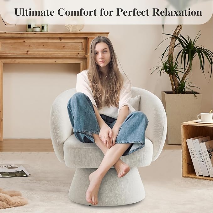360° Swivel Accent Chair Modern Velvet Barrel Chair with Pillow Upholstered Single Sofa for Living Room Bedroom Office Ivory