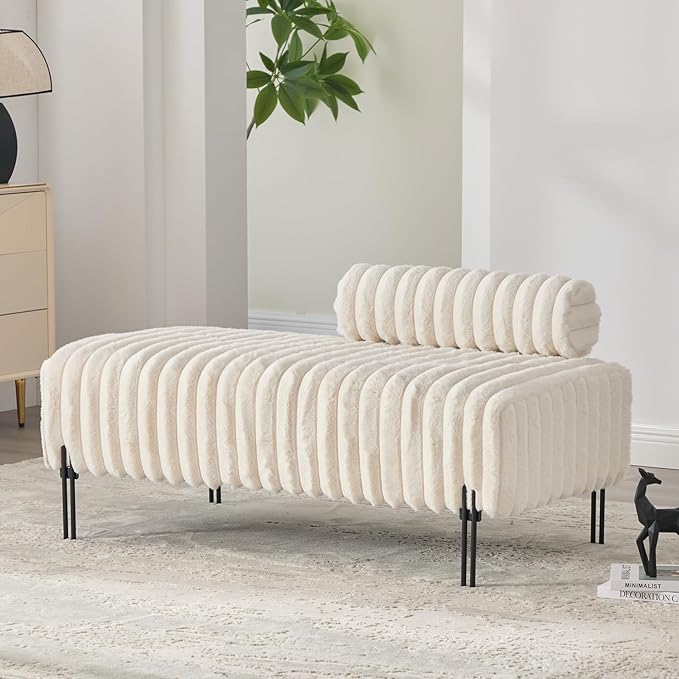 49.6'' Loveseat Sofa Modern Faux Fur 2-Seater Couch with Adjustable Backrest Comfy Bench for Entryway End of Bed Boutique Dressing Room Bedroom (Beige).