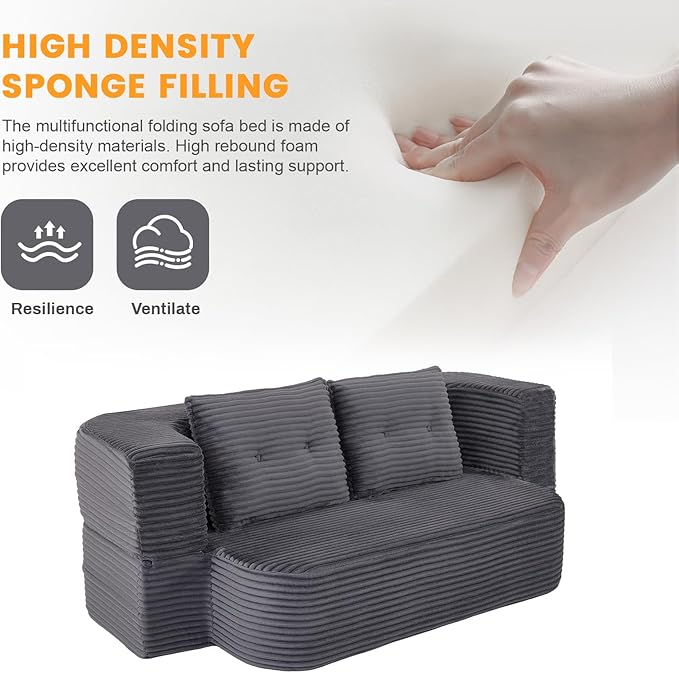 Convertible Boneless Couch 78.3” Full Size Floor Sleeper Couch Full Foam Corduroy Futon Loveseat for Living Room Bedroom No Assembly Required (Dark Grey)