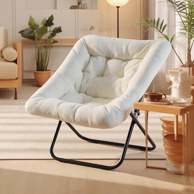 DUMOS Comfy Chair for Adults Soft Faux Fur Folding Lounge for Bedroom Living Room Dorm Rooms Flexible Reading Chair for Teens Large Size Foldable (Square-Creamy)