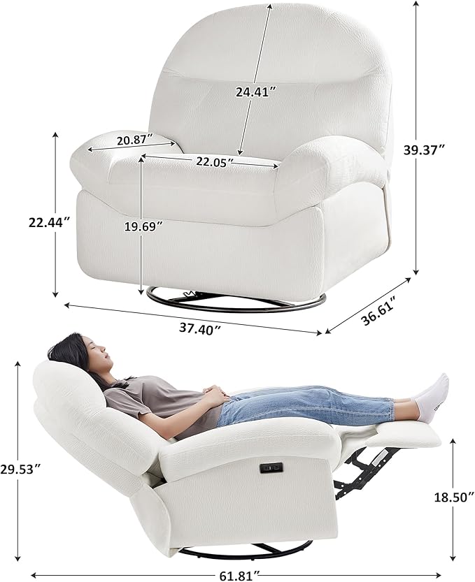 VANOMi Power Recliner Chair with Charging 270° Swivel Glider Rocker Electric Nursery Recliner for Living Room Bedroom and Office White Sets of 2