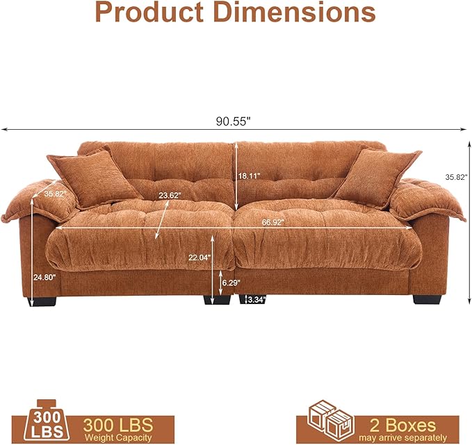 90.5 Modular Cloud Sofa 2 Seater Couch Oversized Loveseat with Armrest Pillow Comfy Tufted Couch Deep Seat Love Seats for Living Room Apartment Small Space- Orange