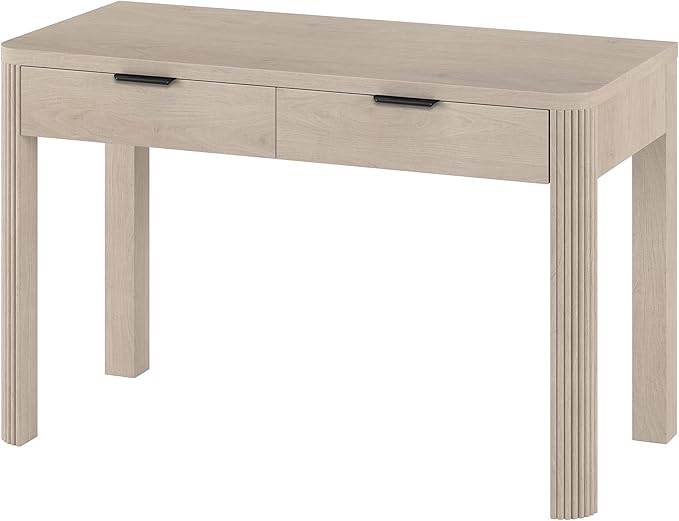 Henn&ampHart 48 Fluted Modern Rectangular Wooden Home Office Desk Computer Desk Writing Table with Ribbed Legs and 2 Storage Drawers for Bedroom Living Room or Home Office Beech White