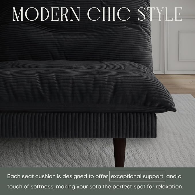 Futon Sofa Bed 69 inch Futon Couch with Adjustable Backrest Corduroy Convertible Sleeper Sofa Bed Folding Sleeper Recliner for Apartment Living Room Office Black
