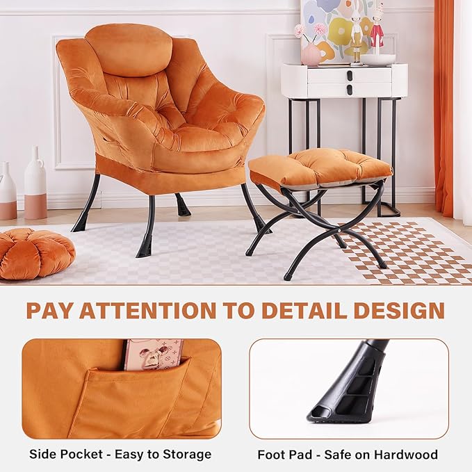 Tiita Lazy Chair with Ottoman Orange Modern Large Accent Armchair Comfy Leisure Sofa Reading Chair with Footrest for Bedroom Living Room Dorm Rooms Garden Velvet Orange