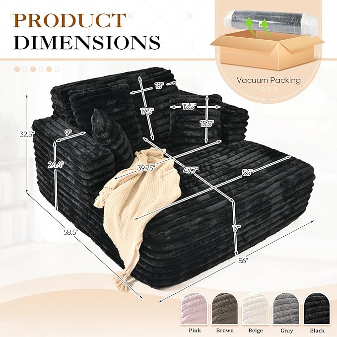 Chaise Lounge Chair Indoor Comfy Corduroy Plush Fluffy Foam Floor Compressed Sofa Chair Leisure Reading Single Sleeper Chaise Chair for Living Room Bedroom Office Pillows Included (Black)