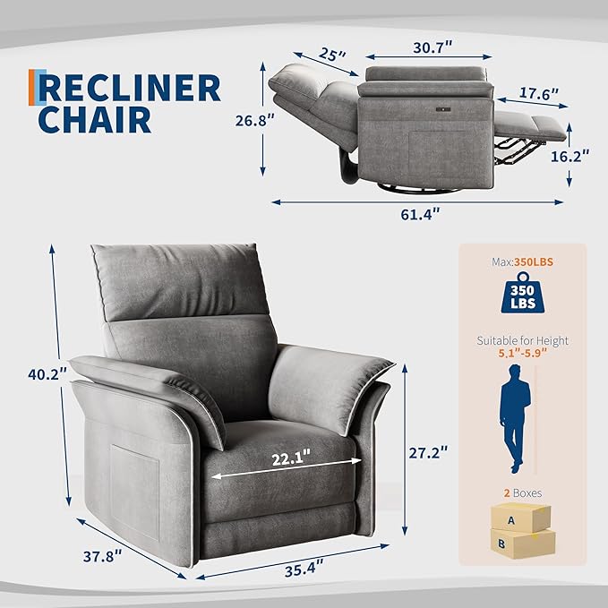 GAOMON Power Recliner Chair 270 °Swivel Rocking Glider with USB Charging Port Chenille Upholstered Fabric and Double-Layer Armrests Nursery Chair for Living Room Nursery (Silver)