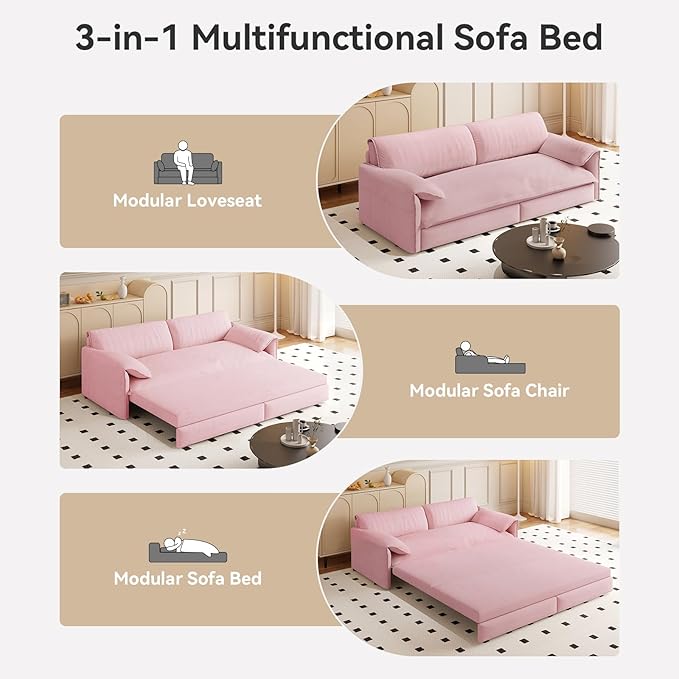 healthomse 66 Queen Size Sleeper Sofa Bed 3-in-1 Convertible Pull Out Sofa Bed with Side Storage Modern Velvet Loveseat for Living Room Bedroom Apartment Office Lounge (Dark Pink 66inch)