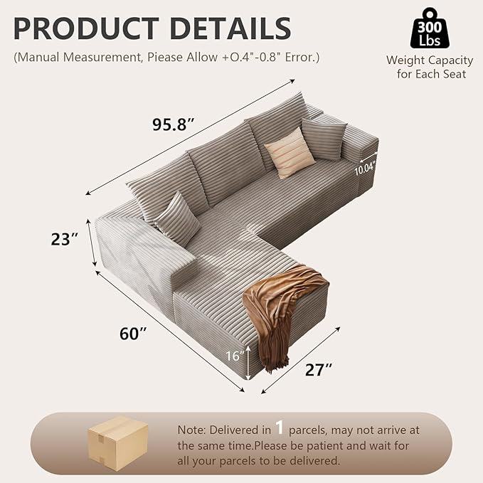 95 Cloud Sectional Couch with L-Shape Chaise Modern Corduroy Boneless Deep Seat Sofa 3-Seater Modular Sleeper Couch for Living Room Bedroom Apartment No Assembly (Camel Left-Facing Chaise)