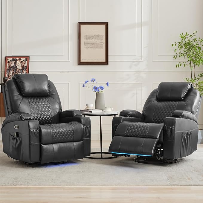 Power Swivel Rocker Recliner Chair for Adults with Heat and Massage LED Lights USB-A and USB-C Ports Electric Glider Recliner Nursery Chair for Living Room (Black Set of 2)