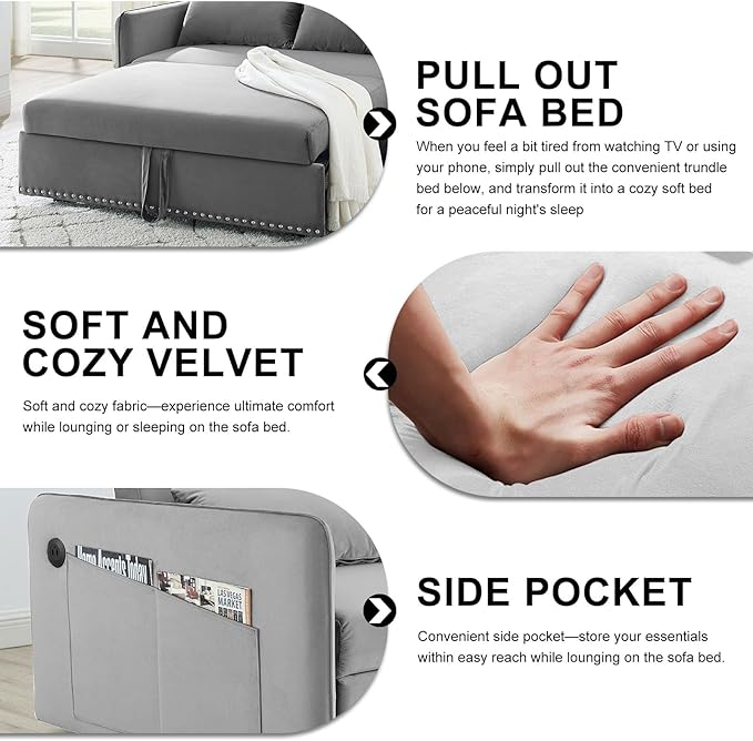 3 in 1 Convertible Sleeper Futon Sofa Bed 55 Velvet Small Loveseat Lounge Couches with 2 Pillows Reclining Backrest USB Ports &amp Side Pockets for Living Room Pull-Out Couch Light Grey
