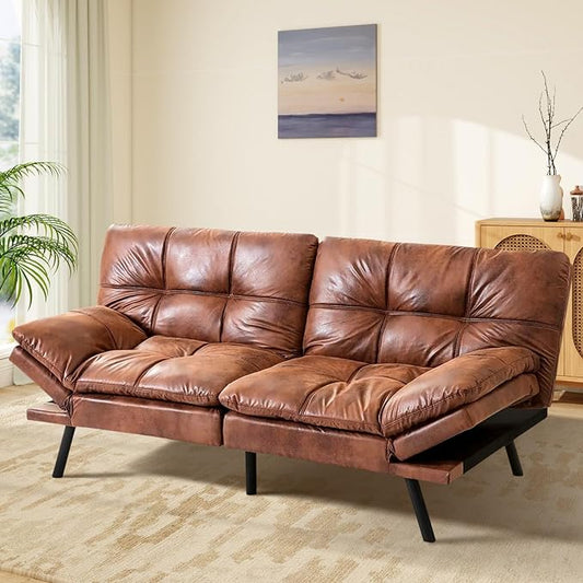 MUUEGM Brown Futon Sofa Bed Leather Memory Foam Modern Office Couch Sleeper Bed Convertible Love seat Sofa for Small SpacesApartmentOffice with Adjustable Armrest Backrest