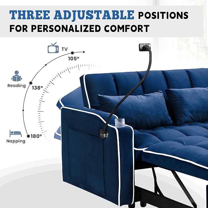 TTK 3-in-1 Convertible Velvet Sleeper Sofa Bed Pull-Out Loveseat with Adjustable Backrest USB Port &amp 2 Pillows Swivel Phone Stand &amp Storage Pockets Modern Futon Couch for Living Room Blue