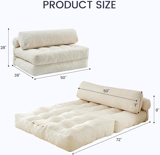 ijuicy 50 W Folding Sofa BedCorduroy Futon Sofa Bed Convertible Sleeper Chair with Pillow Foldable Mattress with Back Support Floor Couch for Adults for Living RoomNo Assembly（Beige/Full）