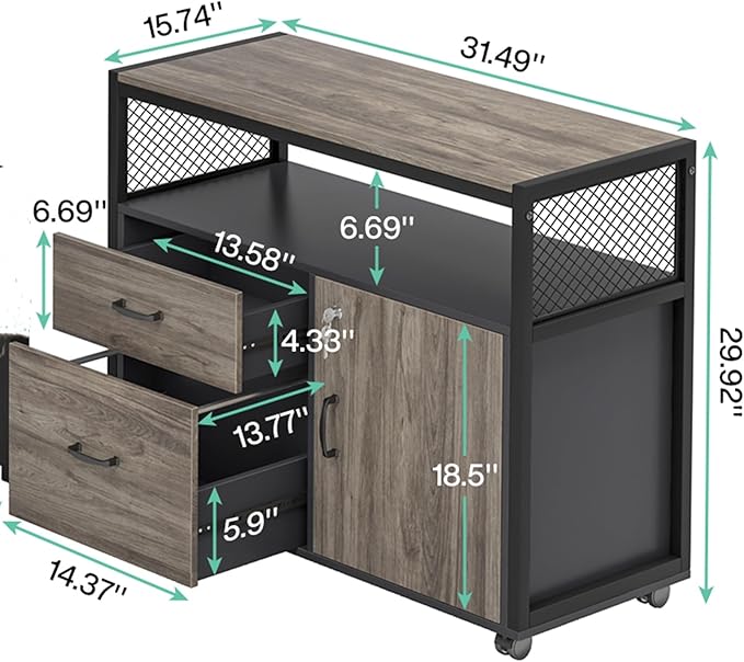 Tribesigns Modern File Cabinet with Drawers for Letter-Sized File and Door Lockable lateral Filing Cabinet Printer Stand with Storage Shelves and with Rolling Caster for Home Office (Gray)