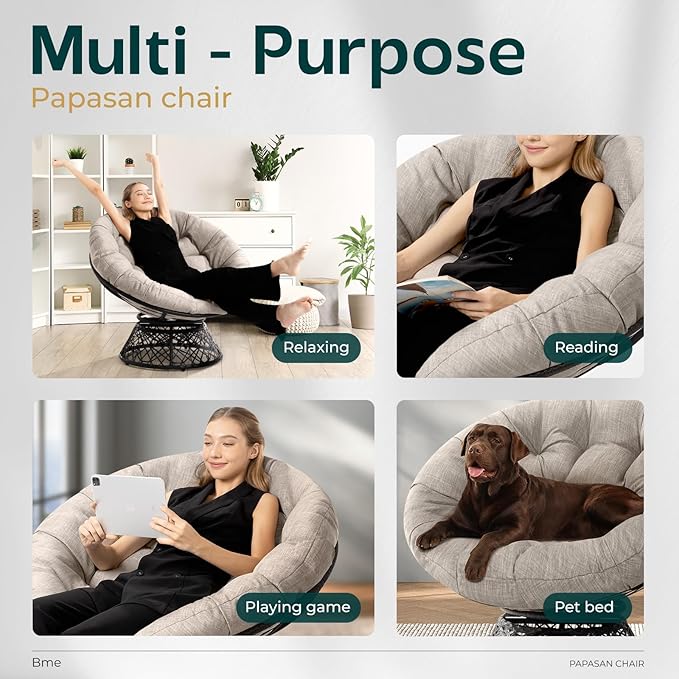 Bme 40 Ergonomic Wicker Papasan Chair with Soft Thick Cushion &amp Frame 360° Swivel Circle Reading Comfy Chair for Living Room Bedroom
