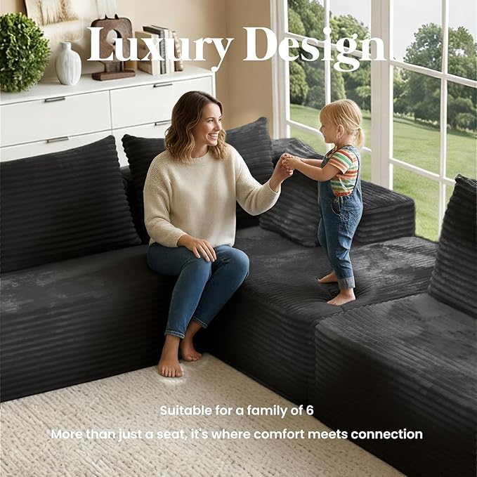 135'' Boneless Couches for Living Room Oversized V-Shaped 6-Seat Faux Fur Convertible Modular Sectional Cloud Sofa 4-in-1 Flexible Combination Deep Seat Corner Large Couch No Assembly Dark Grey
