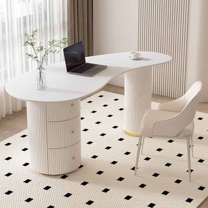 LITFAD Computer Desk Irregular Sintered Stone Home Office Desk with 3 Drawers Modern Style Boss Table Beauty Salon Reception and Consultation Table Matte White 47L x 23.5W x 29.5H Table Only