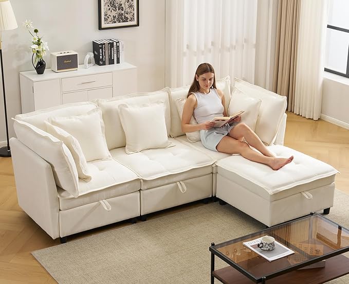 103 Modular Sectional Sofa L-Shaped Corduroy Comfy Sectional Couches for Living Room 3-Seater Cloud Couches with 1 Ottoman Modern Deep Seat Sofa with Large Storage Beige