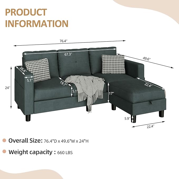 JAMFLY Convertible L-Shaped Sectional Sofa with Reversible Storage Ottoman 3-Seat Modern Fabric Couch for Living Room Small Space Apartment Sofa with Side Pockets &amp Firm Cushions Grey Linen