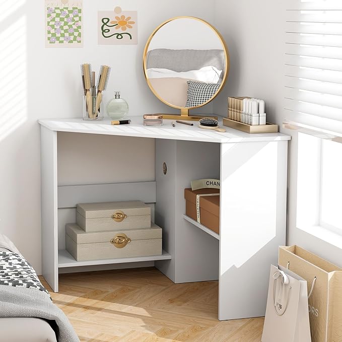 Tangkula White Corner Desk - 90 Degrees Triangle for Computer Small Space Bedroom Makeup Vanity Desk with Storage Shelves &amp CPU Stand Space Saving Writing Desk